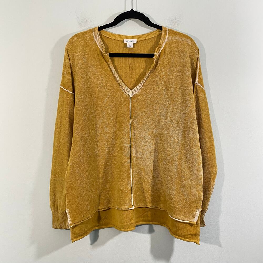 Sundance Women Mustard Yellow V-neck Relaxed Fit Cotton Cece Sweater Size S